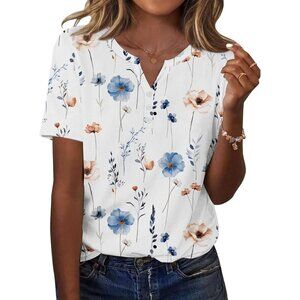 Zeagoo White Short Sleeve Tee with Blue & Peach Floral Print